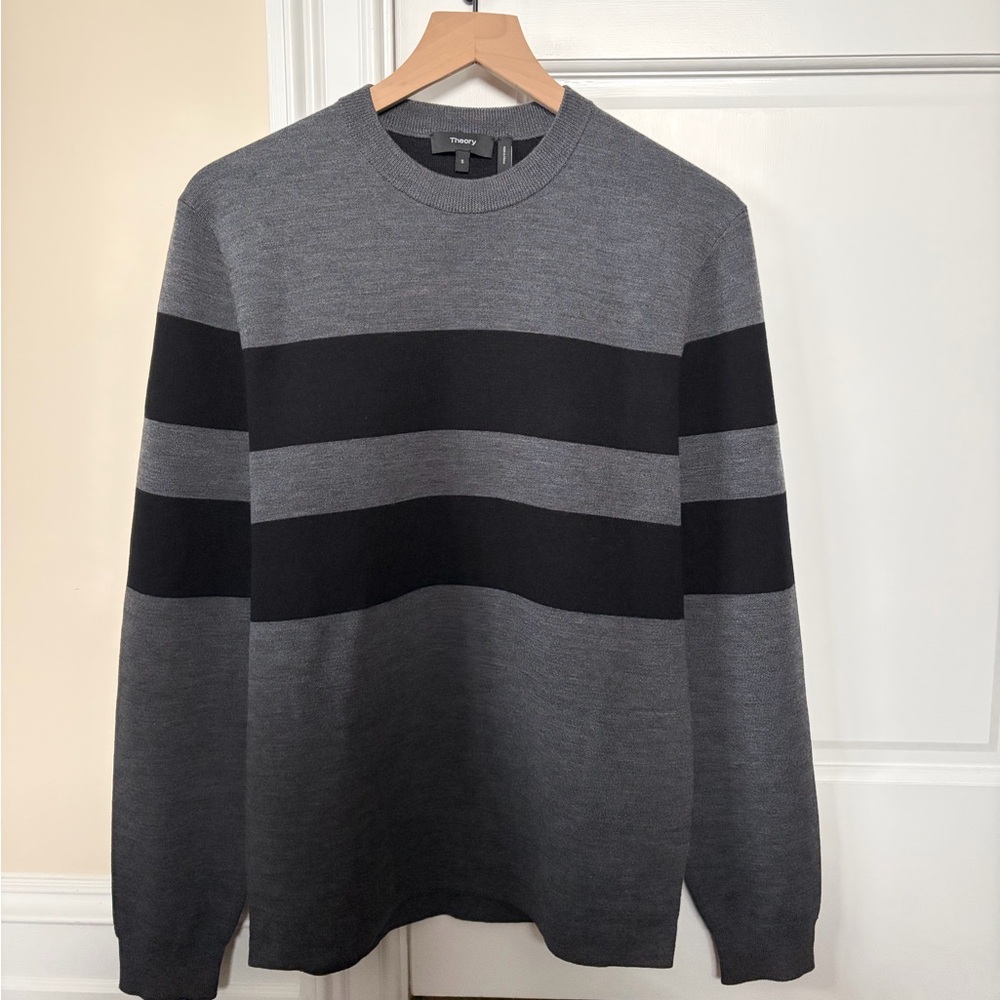 Theory Men's ‘Arnauld’ Charcoal Gray and Black Striped Crewneck Merino Sweater